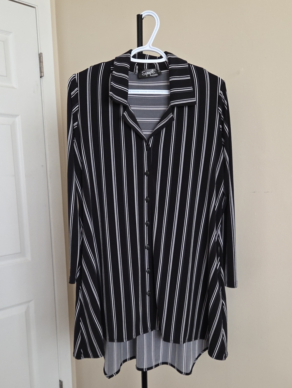 Simple Black Shirt with White Vertical Stripes - Casual Button-Down